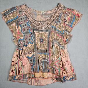 One World Top Womens 3X Babydoll Flowy Colorful Sequin Short Sleeve Artsy Blouse